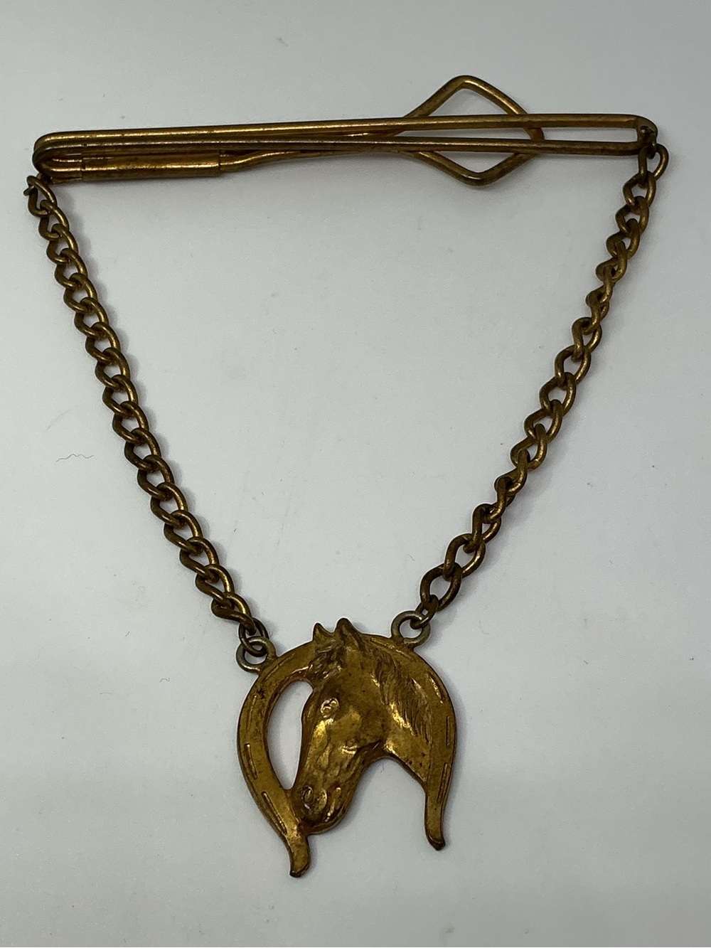 Vintage Gold-Tone Tie Chain Horse Head Horseshoe Fob Equestrian Tie Bar
